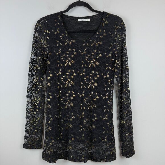 Hazel Top Women Medium Black Gold Floral Lace Mesh Whimsigoth Fairy Grunge Y2K - Picture 1 of 9